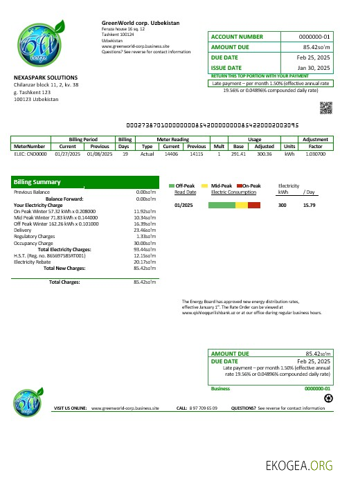 Modèle de facture de services publics pour les entreprises Ouzbékistan GreenWorld au format Word et PDF, entièrement modifiable